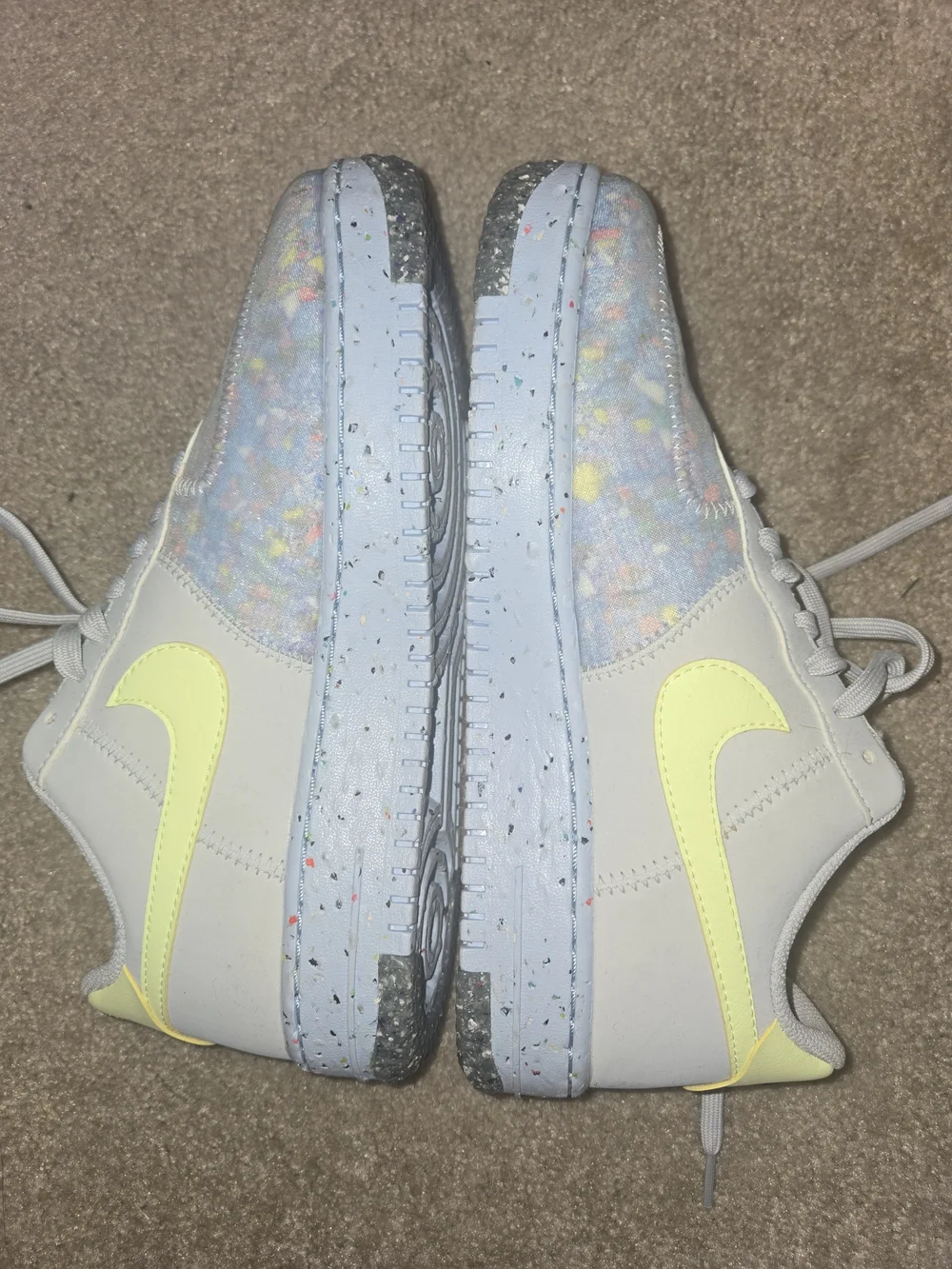 Nike Women's AF1s Sneakers in Light Gray, Slate Blue w/Neon Yellow Swoosh SIZE 9